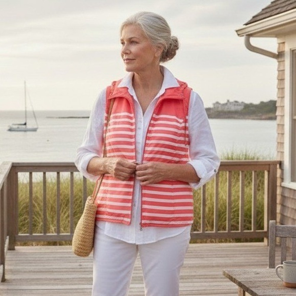 cj banks Vest Womens 2X Coral Striped Outdoor Coastal Grandma Preppy Orange